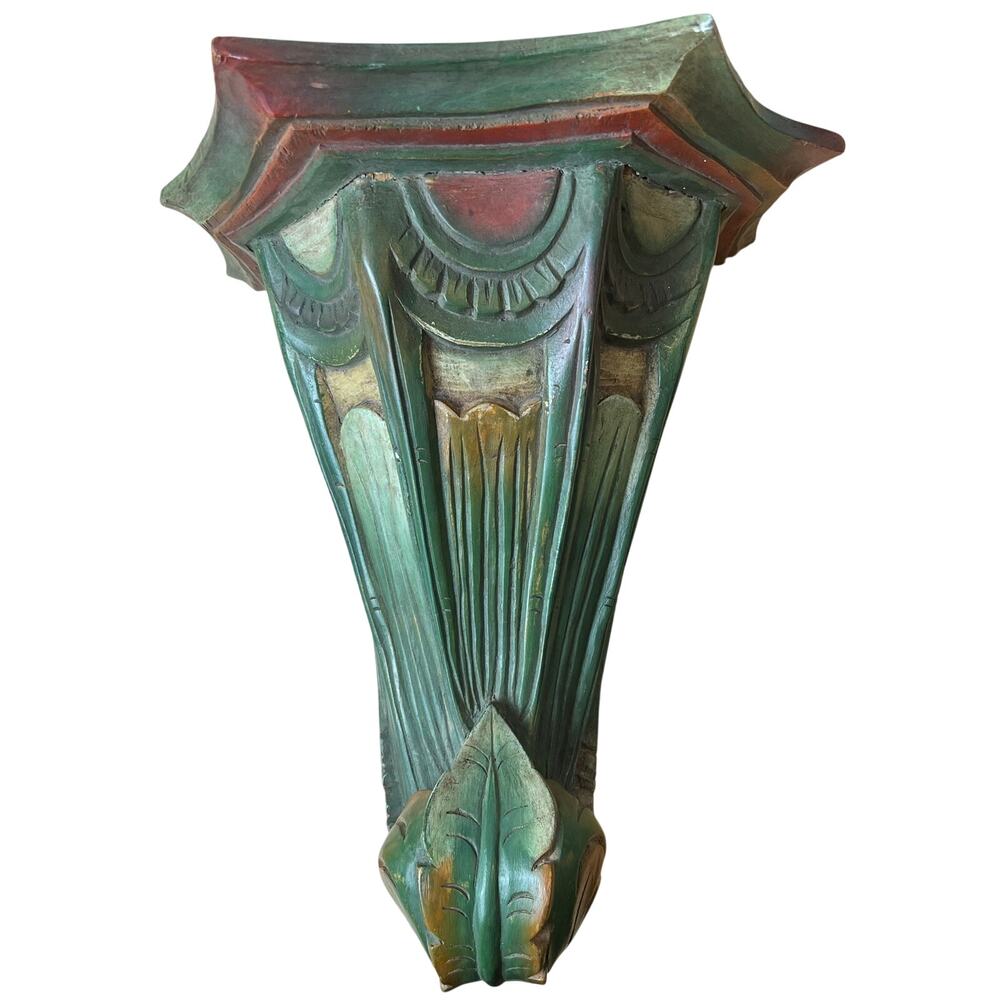 Vintage Style Carved Wood Architectural Corbel Gothic Wall Bracket Green